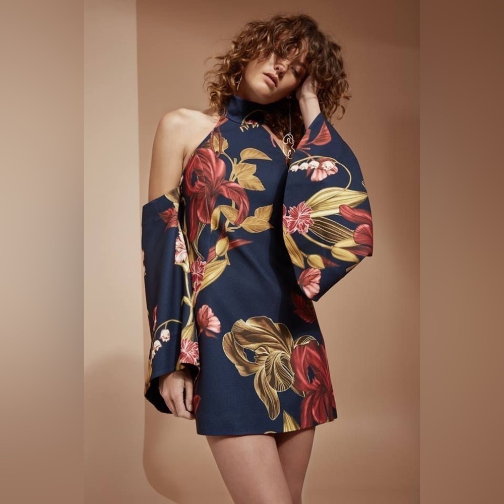 C/MEO Collective Fusion LS High Halter Neck Wide Sleeve Floral Dress Navy (109)